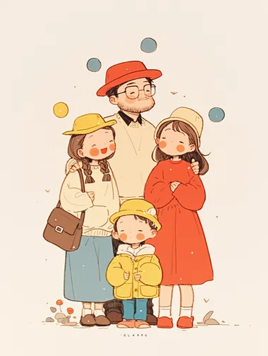 Simple doodle of five people, A handsome father, a stylish and beautiful mother wearing Dior clothes, a beautiful hairpin on her head, and a Chanel bag in her hand, a 12-year-old daughter, a 6-year-old daughter, and a 5-year-old son, they stand together, with regular features,the picture is very warm, The background is white, with colorful circles drawn around them in different sizes. In the style of modern art, this print is suitable for a kid's room decor. Isolated on a solid white background.