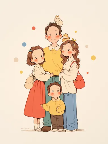 Simple doodle of five people, A handsome father, a stylish and beautiful mother wearing Dior clothes, a beautiful hairpin on her head, and a Chanel bag in her hand, a 12-year-old daughter, a 6-year-old daughter, and a 5-year-old son, they stand together, with regular features,the picture is very warm, The background is white, with colorful circles drawn around them in different sizes. In the style of modern art, this print is suitable for a kid's room decor. Isolated on a solid white background.