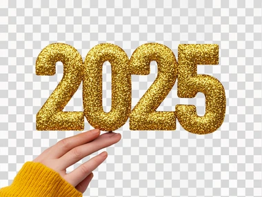 A clean white background with "2025" written in sparkling gold glitter. The glitter is scattered around the numbers, catching the light and creating a shimmering effect that feels festive and luxurious. on a white background    9ekvwdr