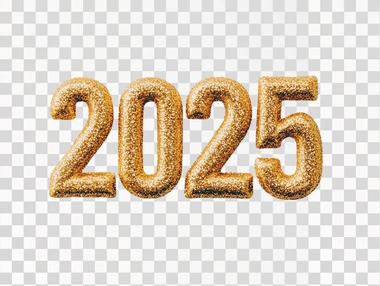 A clean white background with "2025" written in sparkling gold glitter. The glitter is scattered around the numbers, catching the light and creating a shimmering effect that feels festive and luxurious. on a white background    9ekvwdr