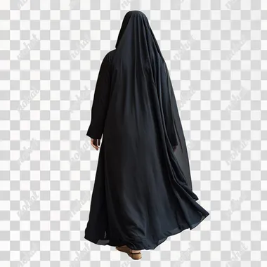 an image of emirati woman,walking, wearing all black abaya, back part, whole body, with curves, in an isolated white background