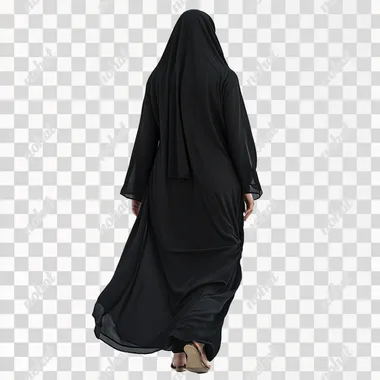 an image of emirati woman,walking, wearing all black abaya, back part, whole body, with curves, in an isolated white background