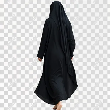 an image of emirati woman,walking, wearing all black abaya, back part, whole body, with curves, in an isolated white background