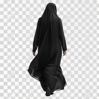 an image of emirati woman,walking, wearing all black abaya, back part, whole body, with curves, in an isolated white background