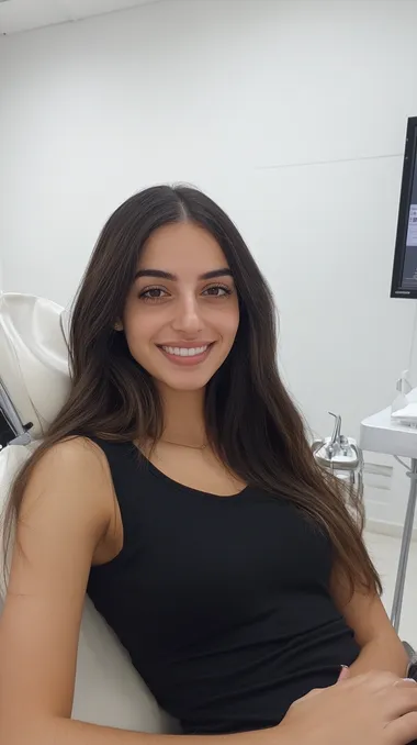 A 22-year-old discharged Israeli soldier in her own clinic is doing a laser hair removal treatment for a client while she smiles at the camera - a very realistic photo taken with the best Canon camera
