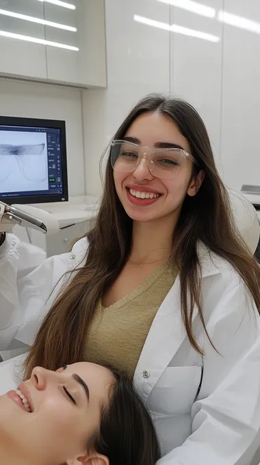 A 22-year-old discharged Israeli soldier in her own clinic is doing a laser hair removal treatment for a client while she smiles at the camera - a very realistic photo taken with the best Canon camera