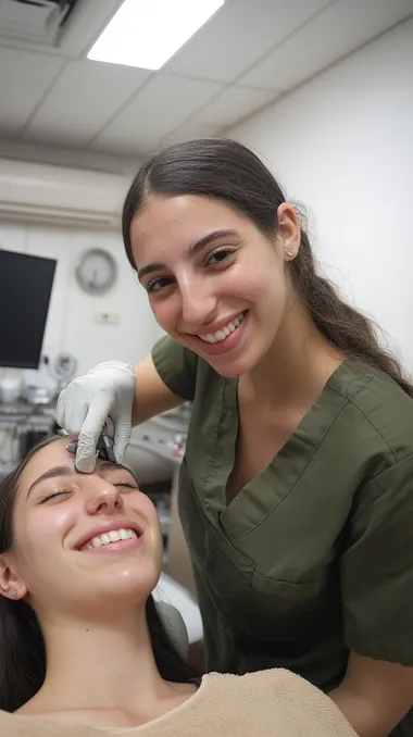A 22-year-old discharged Israeli soldier in her own clinic is doing a laser hair removal treatment for a client while she smiles at the camera - a very realistic photo taken with the best Canon camera