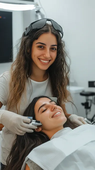 A 22-year-old discharged Israeli soldier in her own clinic is doing a laser hair removal treatment for a client while she smiles at the camera - a very realistic photo taken with the best Canon camera