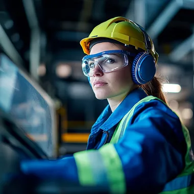 Portrait of a female industrial worker wearing a blue safety uniform, protective glasses, and headphones, sitting at a control station in a modern factory environment, focused and professional expression, highly detailed, sharp focus, 8k resolution, cinematic lighting, realistic textures, professional photography