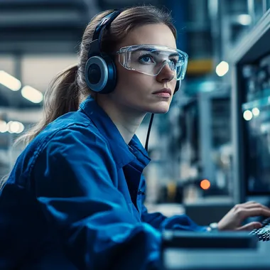 Portrait of a female industrial worker wearing a blue safety uniform, protective glasses, and headphones, sitting at a control station in a modern factory environment, focused and professional expression, highly detailed, sharp focus, 8k resolution, cinematic lighting, realistic textures, professional photography