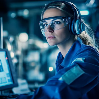 Portrait of a female industrial worker wearing a blue safety uniform, protective glasses, and headphones, sitting at a control station in a modern factory environment, focused and professional expression, highly detailed, sharp focus, 8k resolution, cinematic lighting, realistic textures, professional photography