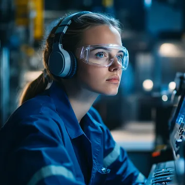 Portrait of a female industrial worker wearing a blue safety uniform, protective glasses, and headphones, sitting at a control station in a modern factory environment, focused and professional expression, highly detailed, sharp focus, 8k resolution, cinematic lighting, realistic textures, professional photography