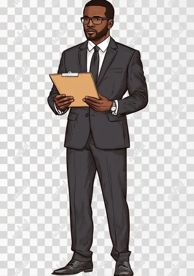 black man boss with a suit, holding a clipboard full body