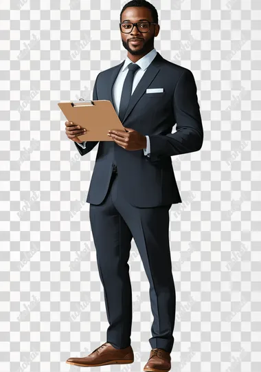black man boss with a suit, holding a clipboard full body