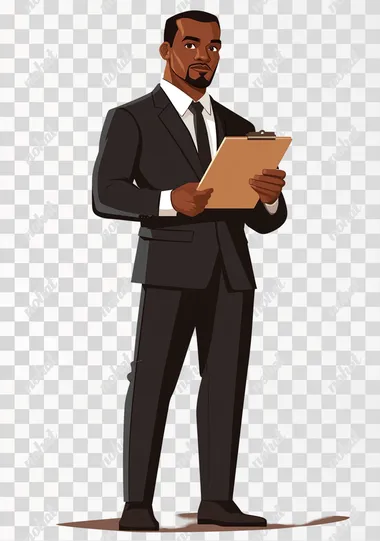 black man boss with a suit, holding a clipboard full body