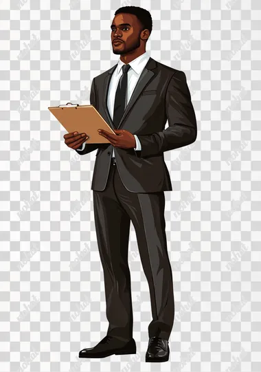black man boss with a suit, holding a clipboard full body