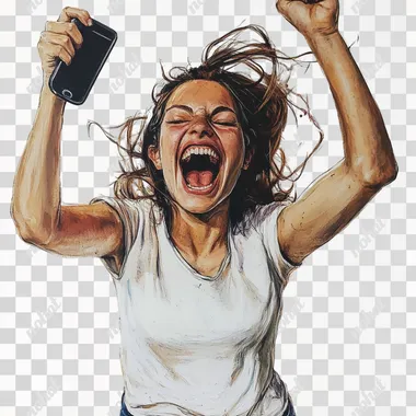 whomen, pose, exited, strike, win, happy, lauphing, mobiel in one hand