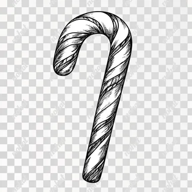 A hand-drawn illustration of a candy cane, black and white line, boho style, minimalist, Line art style, isolated on white background