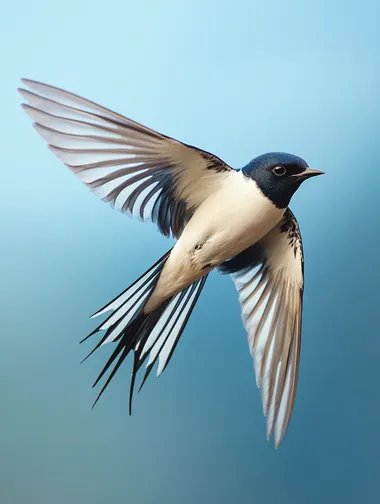 A photo of a flying swallow. Ultra high definition picture quality. Long focus shooting. Blue background. Super realistic style. 8k.