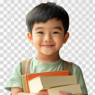 A picture of an Asian child. He's smiling and looking straight at the camera. He's holding books v 6.1