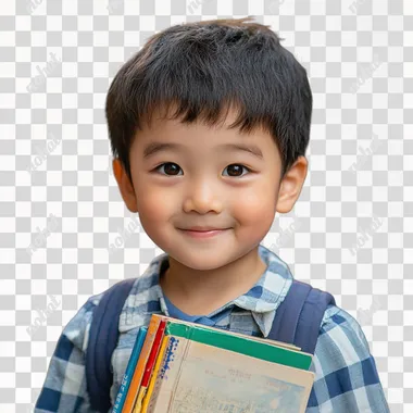 A picture of an Asian child. He's smiling and looking straight at the camera. He's holding books v 6.1
