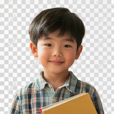 A picture of an Asian child. He's smiling and looking straight at the camera. He's holding books v 6.1