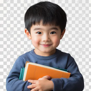 A picture of an Asian child. He's smiling and looking straight at the camera. He's holding books v 6.1