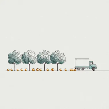 Minimalist line style, apple orchard and truck, white background