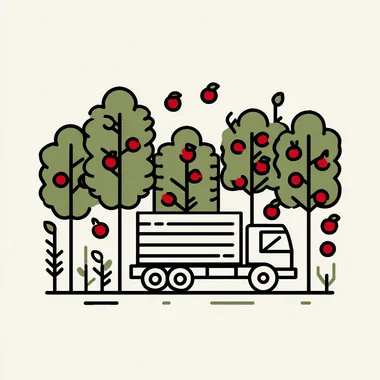 Minimalist line style, apple orchard and truck, white background