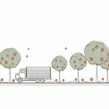 Minimalist line style, apple orchard and truck, white background