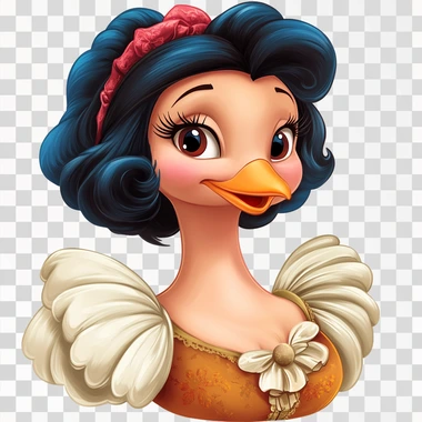 a clipart of a turkey dressed up as snow white with her short black hair on a white background