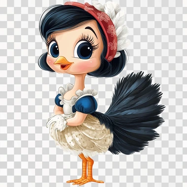 a clipart of a turkey dressed up as snow white with her short black hair on a white background