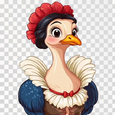 a clipart of a turkey dressed up as snow white with her short black hair on a white background