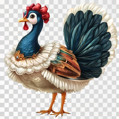 a clipart of a turkey dressed up as snow white with her short black hair on a white background