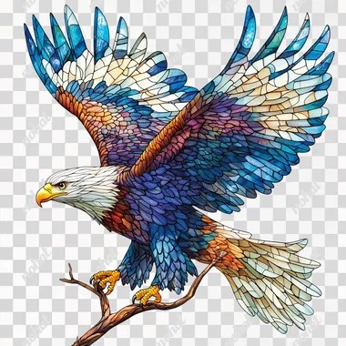 Full body side view, vivid colors. Bald eagle flying on a branch, 3D stained glass style, white background. oil painting style. with delicate texture and color variations, stained glass white background. --s 250