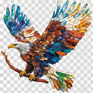Full body side view, vivid colors. Bald eagle flying on a branch, 3D stained glass style, white background. oil painting style. with delicate texture and color variations, stained glass white background. --s 250