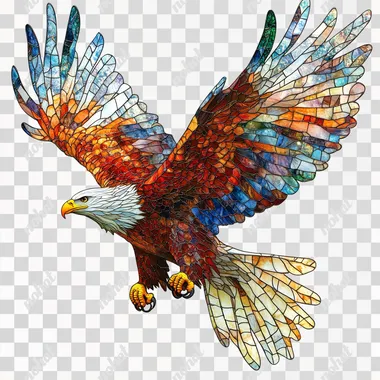 Full body side view, vivid colors. Bald eagle flying on a branch, 3D stained glass style, white background. oil painting style. with delicate texture and color variations, stained glass white background. --s 250
