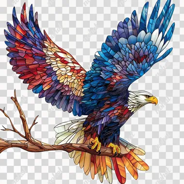 Full body side view, vivid colors. Bald eagle flying on a branch, 3D stained glass style, white background. oil painting style. with delicate texture and color variations, stained glass white background. --s 250