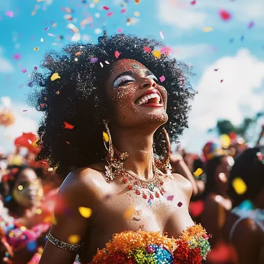 Cinematic photography of a afro brazilian woman, carnaval makeup, laughing, carnival, carnaval street, crowd, happy people, Brazil, fashion mood, diversity, red collors, natural lighting, a lot of confetti, a lot of glitter, low angle view, blue sky