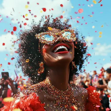Cinematic photography of a afro brazilian woman, carnaval makeup, laughing, carnival, carnaval street, crowd, happy people, Brazil, fashion mood, diversity, red collors, natural lighting, a lot of confetti, a lot of glitter, low angle view, blue sky