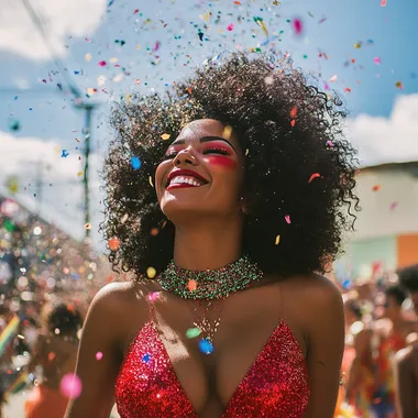 Cinematic photography of a afro brazilian woman, carnaval makeup, laughing, carnival, carnaval street, crowd, happy people, Brazil, fashion mood, diversity, red collors, natural lighting, a lot of confetti, a lot of glitter, low angle view, blue sky