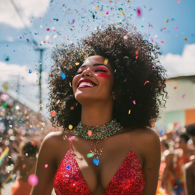 a woman in a red dress surrounded by confetti
