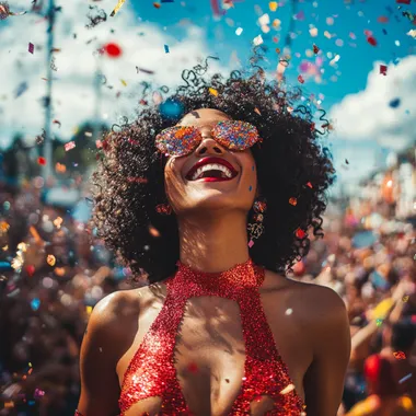 Cinematic photography of a afro brazilian woman, carnaval makeup, laughing, carnival, carnaval street, crowd, happy people, Brazil, fashion mood, diversity, red collors, natural lighting, a lot of confetti, a lot of glitter, low angle view, blue sky