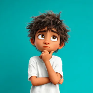 in 3d pixar style of a mid shot of a 8 years old latin boy thinking, wearing a white t-shirt, solid color background.