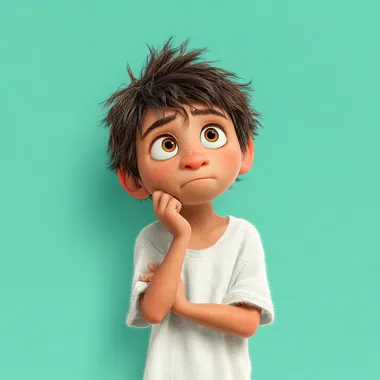 in 3d pixar style of a mid shot of a 8 years old latin boy thinking, wearing a white t-shirt, solid color background.