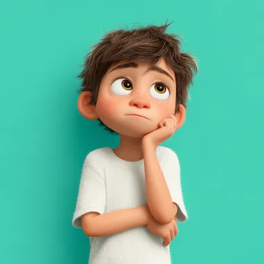 in 3d pixar style of a mid shot of a 8 years old latin boy thinking, wearing a white t-shirt, solid color background.