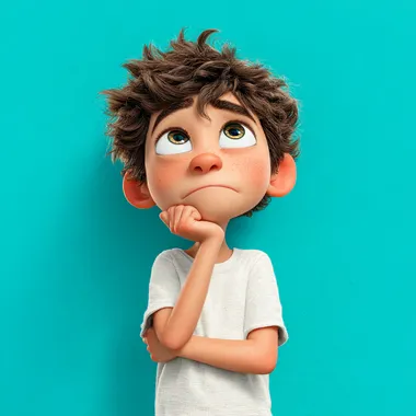 in 3d pixar style of a mid shot of a 8 years old latin boy thinking, wearing a white t-shirt, solid color background.