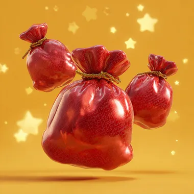 Help me generate a red lucky bag, with 3D effect, cartoon style, light gold background, and shiny want more texture. Remove the pattern on the lucky bag The red should be lighter, and the lucky bag should be brighter