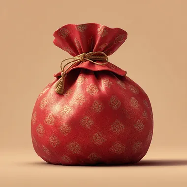 Help me generate a red lucky bag, with 3D effect, cartoon style, light gold background, and shiny want more texture. Remove the pattern on the lucky bag The red should be lighter, and the lucky bag should be brighter