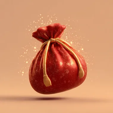 Help me generate a red lucky bag, with 3D effect, cartoon style, light gold background, and shiny want more texture. Remove the pattern on the lucky bag The red should be lighter, and the lucky bag should be brighter